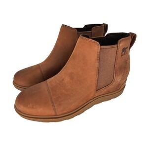 Sorel Evie II Chelsea Wedge Boots 9.5 Brown Leather Suede Waterproof Pull On